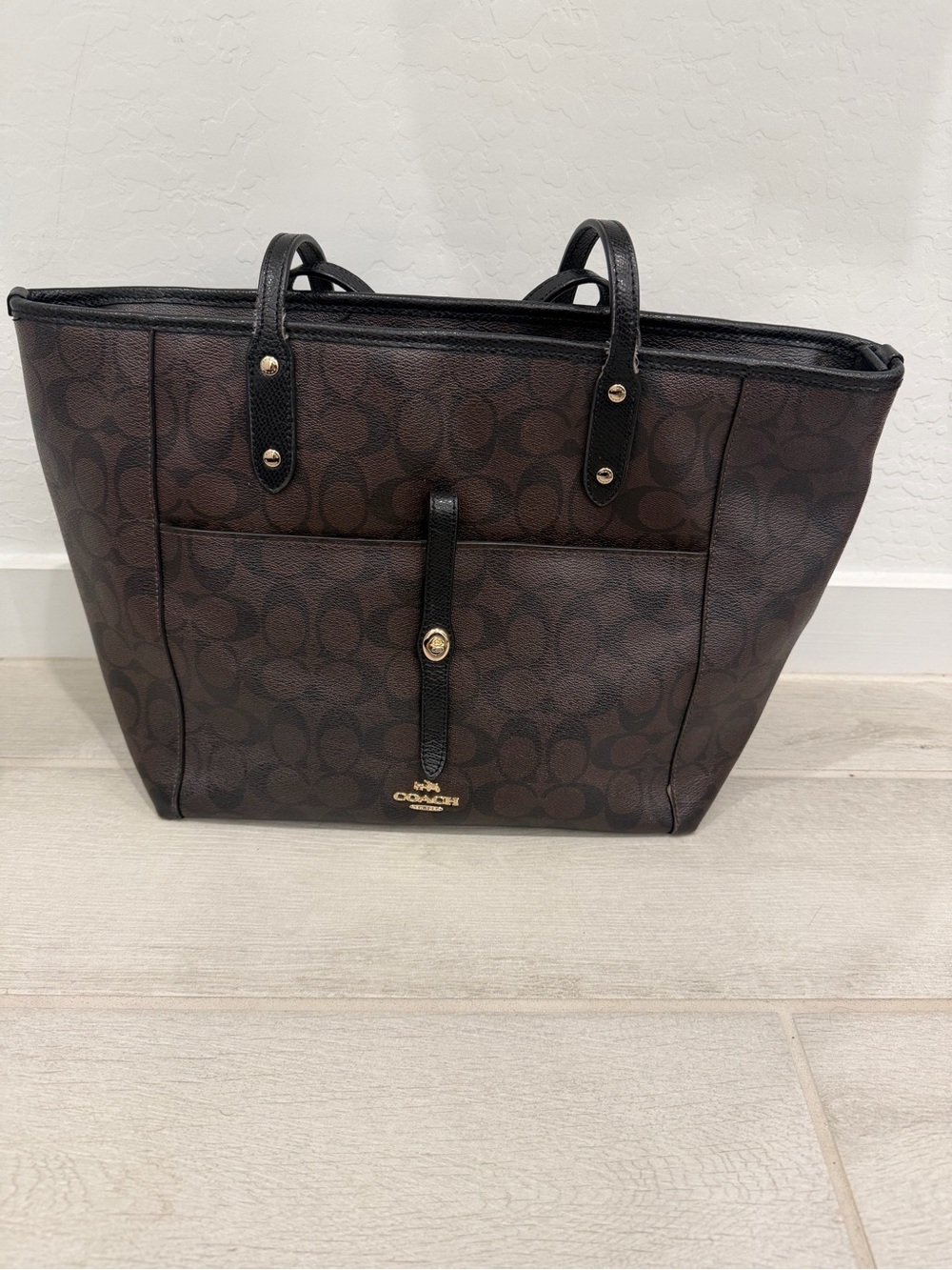 Coach Brown Signature Canvas Tote with Black Accents and Gold Hardware - Picture 4 of 7